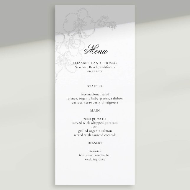 Faux Embossed Orchid Modern Classic Wedding Menu (formal wedding menu card faux embossed orchid sketch modern classic typography calligraphy)