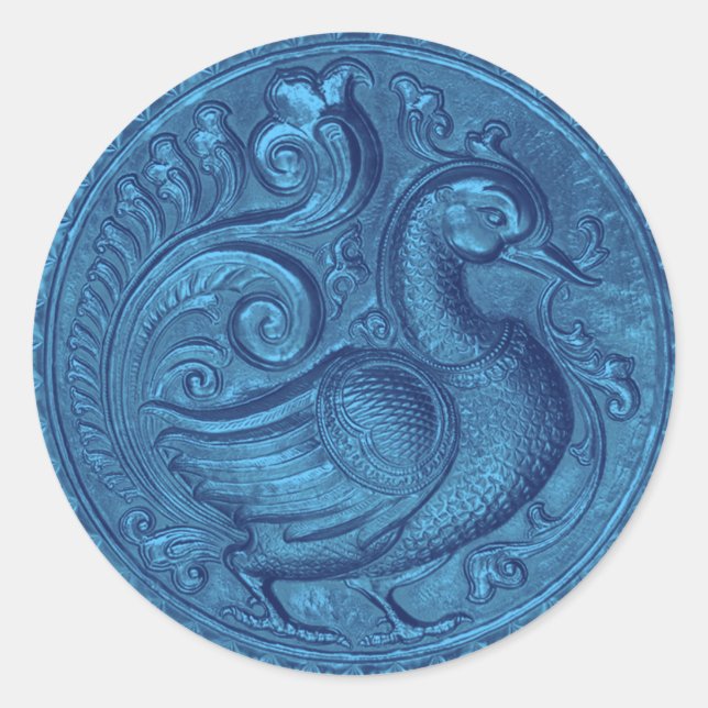 Faux Embossed Peacock Blue Set 1026 Classic Round Sticker (Front)