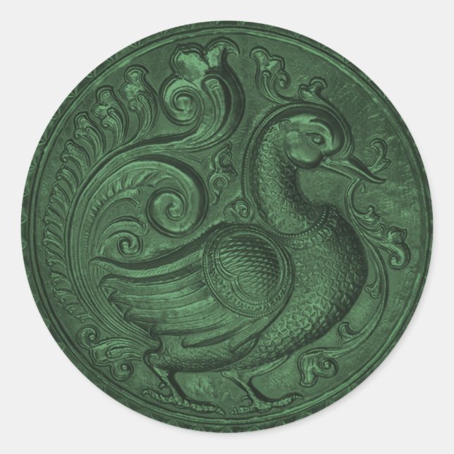 Faux Embossed Peacock Emerald Green Classic Round Sticker (Front)