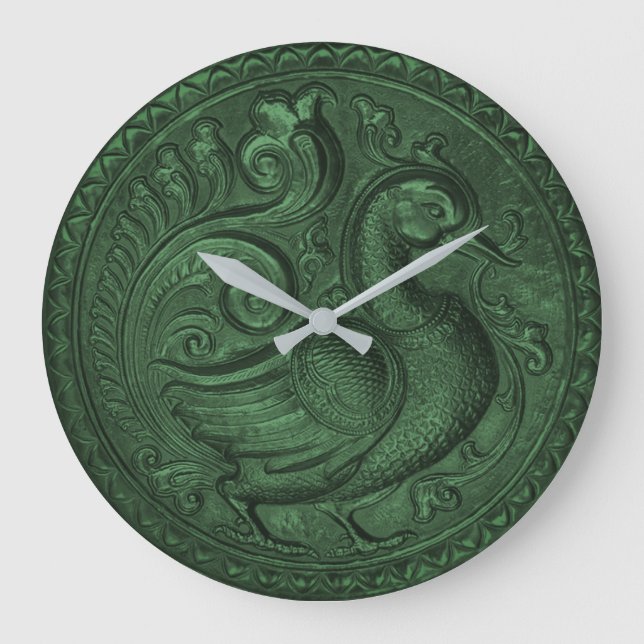 Faux Embossed Peacock Emerald Green Large Clock (Front)