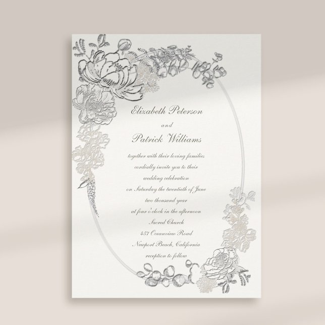 Faux Embossed Peonies Calligraphy Pearl Wh Wedding Invitation (peony wedding invitation floral oval frame formal traditional elegant calligraphy pearl classic)