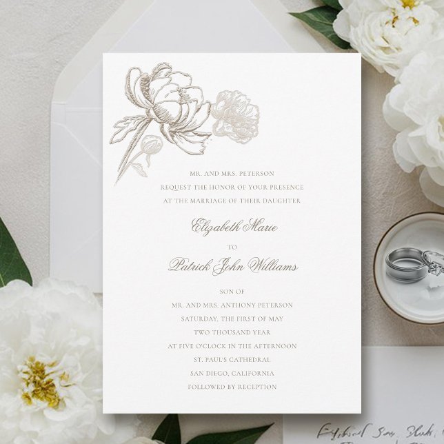 Faux Embossed Peonies Formal Classic Wedding Invitation (peony wedding invitation formal traditional elegant calligraphy modern classic bride parents)