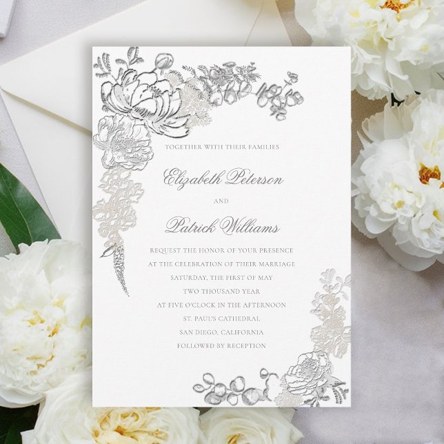 Faux Embossed Peonies Frame Formal Classic Wedding Invitation (peony wedding invitation floral frame formal traditional elegant calligraphy modern classic ivory)