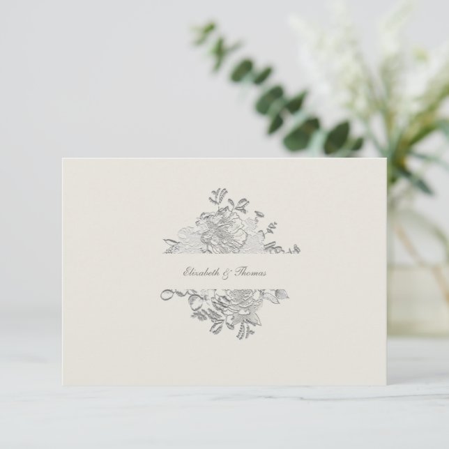 Faux Embossed Peony Formal Ecru Wedding Thank You (Standing Front)