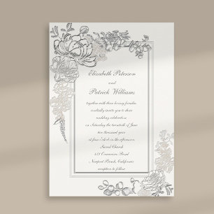 Faux Embossed Peony Pearl Calligraphy Wedding Invitation