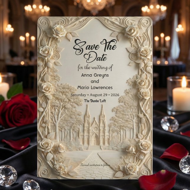 Faux Embossed Relief Ivory Baroque Stone Save The Date (Creator Uploaded)