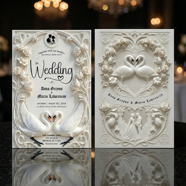Faux Embossed Relief Sculpted Swans Wedding  Invitation (Creator Uploaded)
