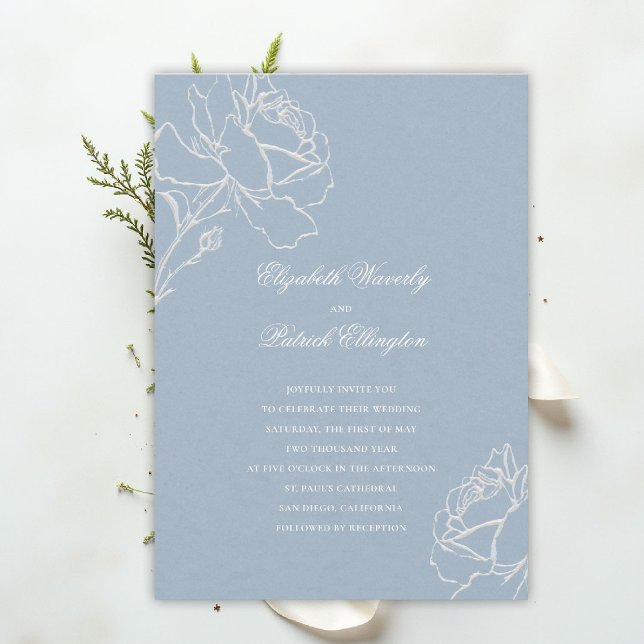 Faux Embossed Roses Blue Formal Classic Wedding Invitation (blue wedding theme dusty white invitation formal traditional modern classic floral elegant roses)