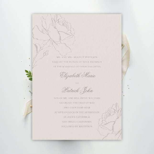 Faux Embossed Roses Ecru Formal Parents Wedding Invitation (floral wedding invitation roses ecru formal traditional modern classic ballroom elegant black tie)