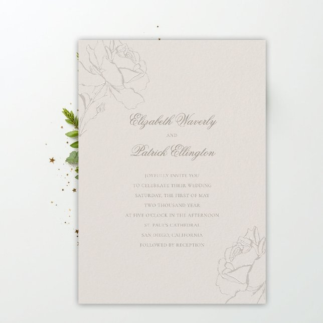 Faux Embossed Roses Ecru Modern Classic Wedding Invitation (ethereal wedding theme ecru invitation formal traditional modern classic floral roses elevated)
