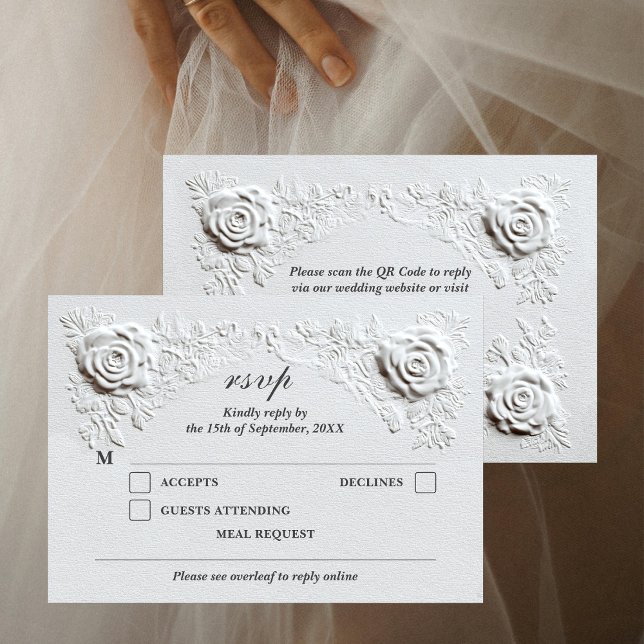Faux Embossed Roses Elegant Script QR Code Wedding RSVP Card (Creator Uploaded)