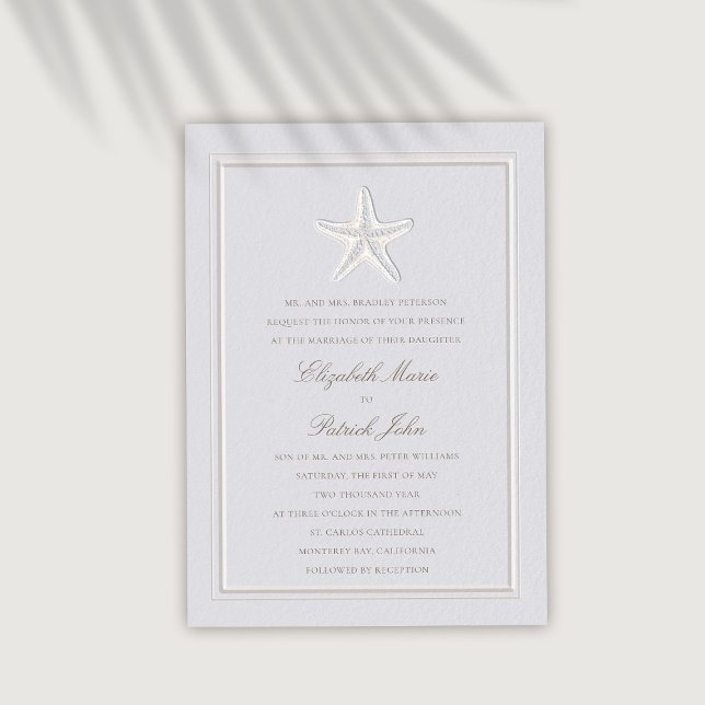 Faux Embossed Starfish Coastal Formal Wedding Invitation (coastal wedding invitation modern classic formal traditional frame faux embossed starfish)