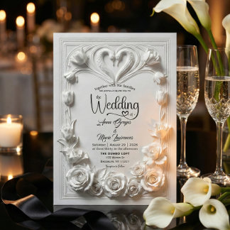 Faux Embossed White Floral Relief Monogram Wedding Invitation