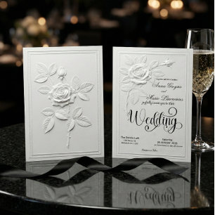Faux Embossed White Rose Formal Wedding Invitation