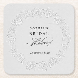Faux Embossed White Roses Bridal Shower Square Paper Coaster