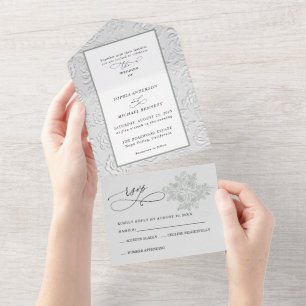 Faux Embossed White Roses Wedding  All In One Invitation