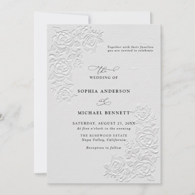 Faux Embossed White Roses Wedding Invitation (Front)