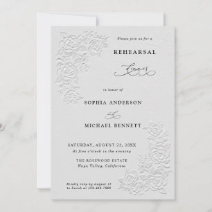 Faux Embossed White Roses Wedding Rehearsal Dinner Invitation