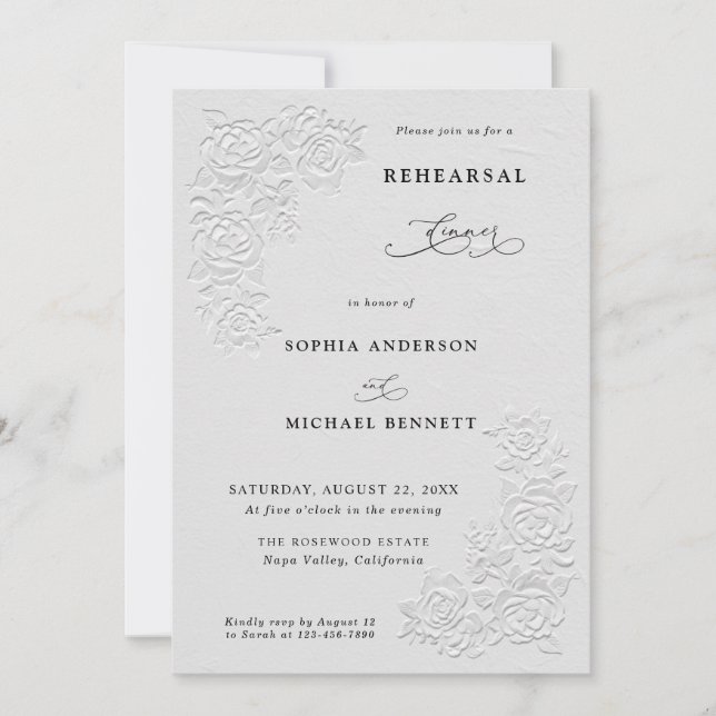 Faux Embossed White Roses Wedding Rehearsal Dinner Invitation (Front)