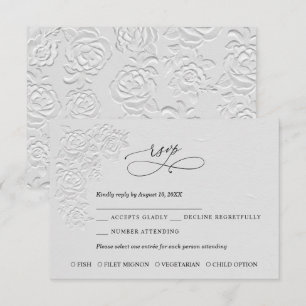 Faux Embossed White Roses Wedding RSVP Card