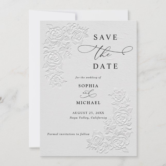 Faux Embossed White Roses Wedding Save the Date  Invitation (Front)