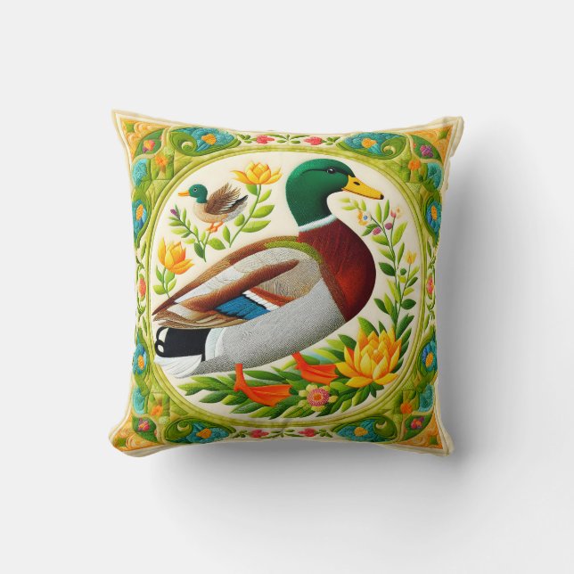 Faux Embroidered and Quilted Look Mallard Duck  Cushion (Front)