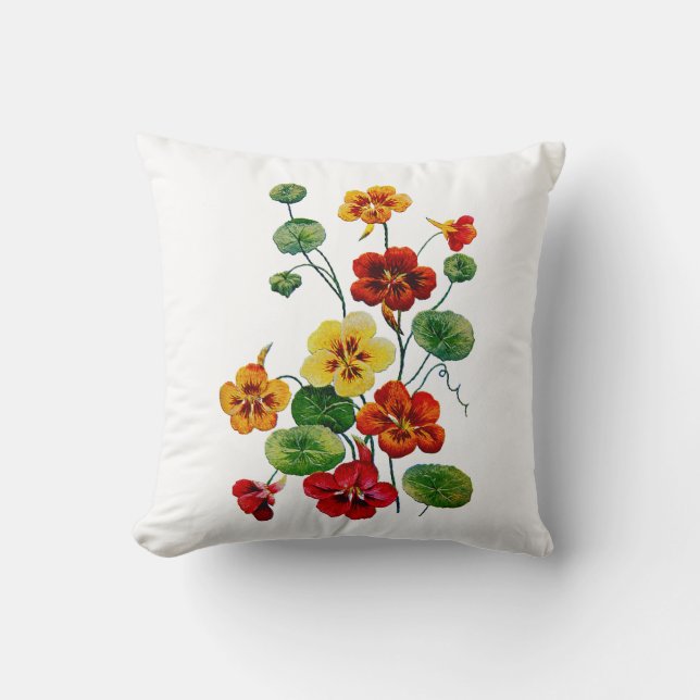 Faux Embroidered Colourful Nasturtiums Pillow (Front)