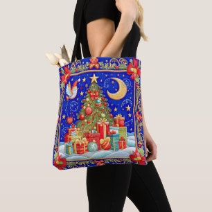 Faux Embroidered Look Decorated Christmas Tree  Tote Bag