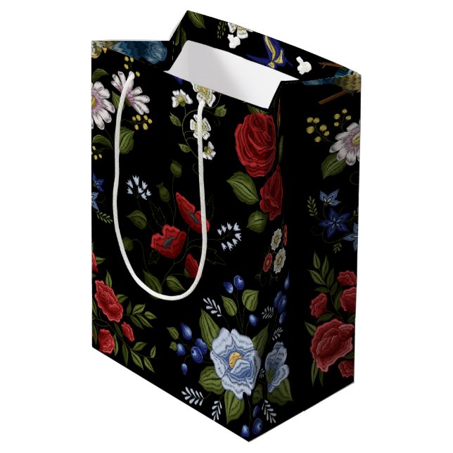Faux Embroidered Red & Blue Flowers  Medium Gift Bag (Back Angled)