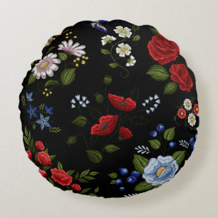 Faux Embroidered Red & Blue Flowers Round Cushion