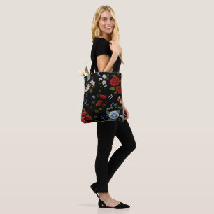 Faux Embroidered Red & Blue Flowers Tote Bag