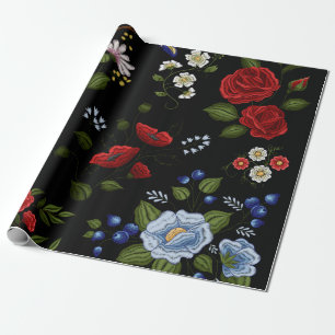 Faux Embroidered Red & Blue Flowers Wrapping Paper