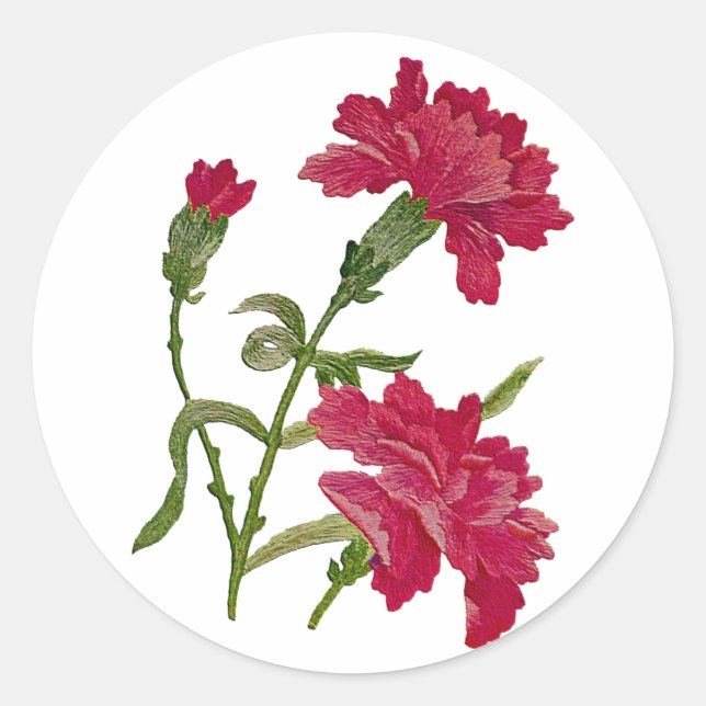 Faux Embroidered Red Carnations Classic Round Sticker (Front)