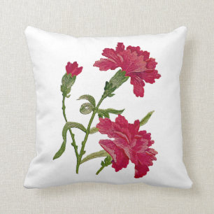 Faux Embroidered Red Carnations Pillow
