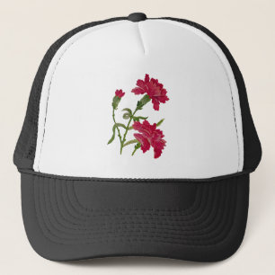 Faux Embroidered Red Carnations Trucker Hat