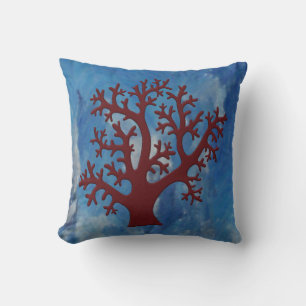 Faux Embroidered Red Coral on Blue Abstract Cushion