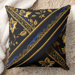 faux Embroidery Blue Gold Flowers black Cushion
