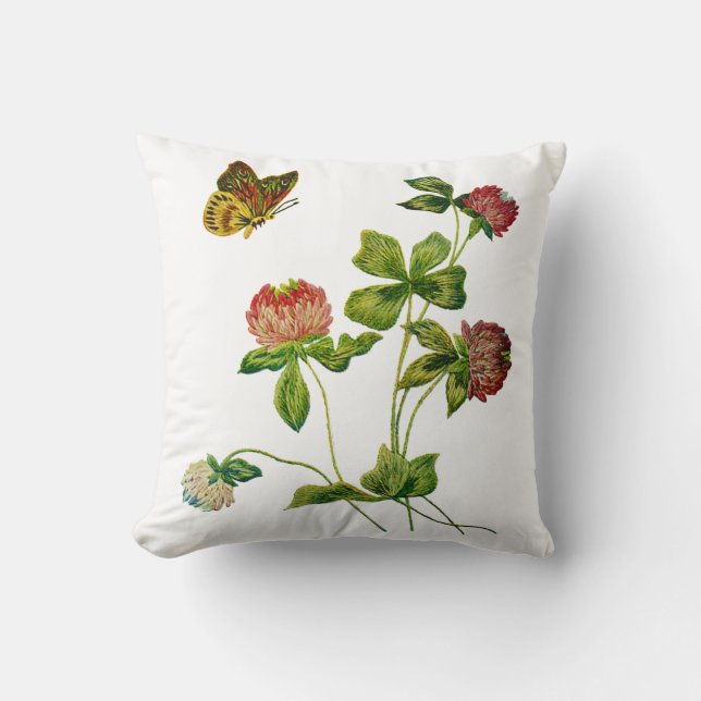 Faux Embroidery -  Butterfly and Pink Clover Cushion (Front)