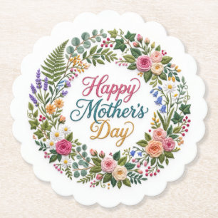 Faux Embroidery Floral Happy Mother's Day Paper Coaster