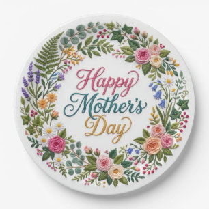 Faux Embroidery Floral Happy Mother's Day Paper Plate