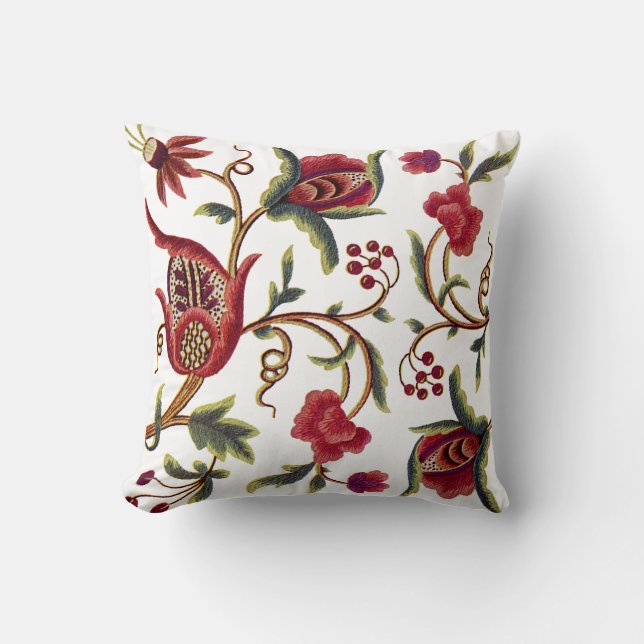 Faux Embroidery - Red Jacobean Crewel Embroidery Cushion (Front)
