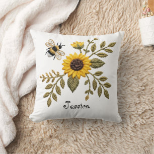Faux Embroidery Sunflower and Honeybee Cushion