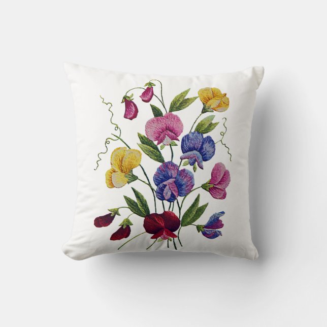 Faux Embroidery - Sweet Peas Jacobean Embroidery Cushion (Front)