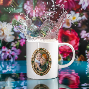 Faux Emerald and Gold Oval Framed Photos Coffee Mug