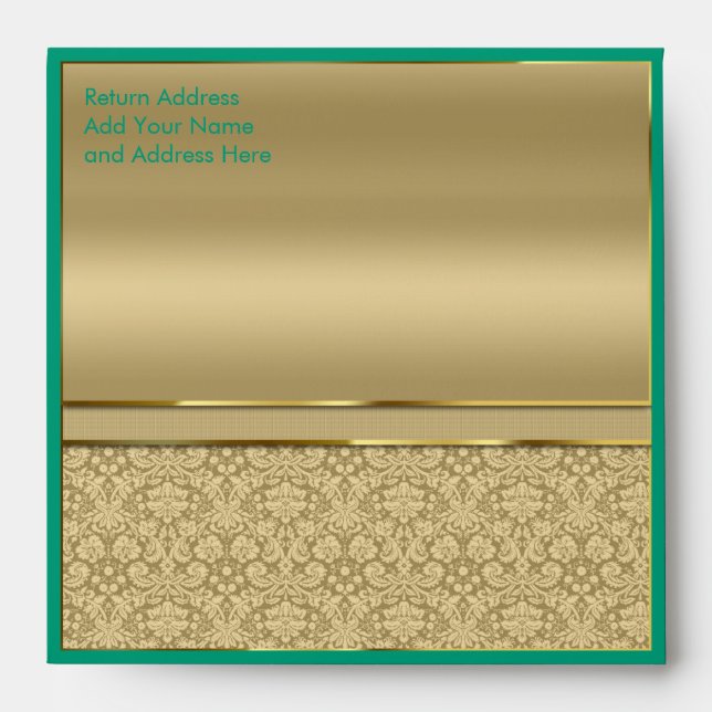 Faux Emerald Green Gemstone Metallic Gold Damask Envelope (Front)