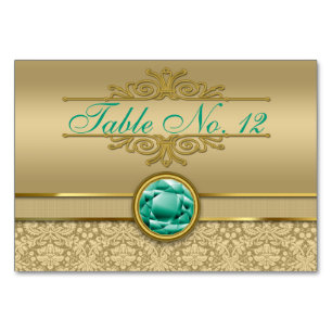 Faux Emerald Green Gemstone Metallic Gold Damask Table Number