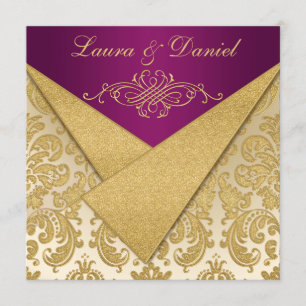 FAUX FLAPS Purple, Gold Damask Reception Invite
