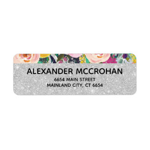 Faux Floral Silver Glitter Foil Return Address Label