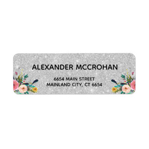 Faux Floral  Silver Glitter Foil Return Address Label