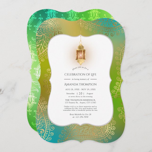 Faux Foil Arabian Bollywood Celebration of Life Invitation (Front/Back)